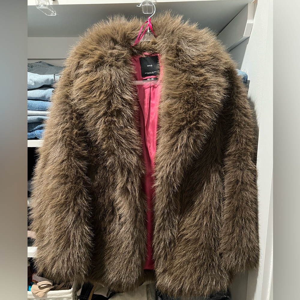 Mango Brown Faux Fur Coat with Pink Lining